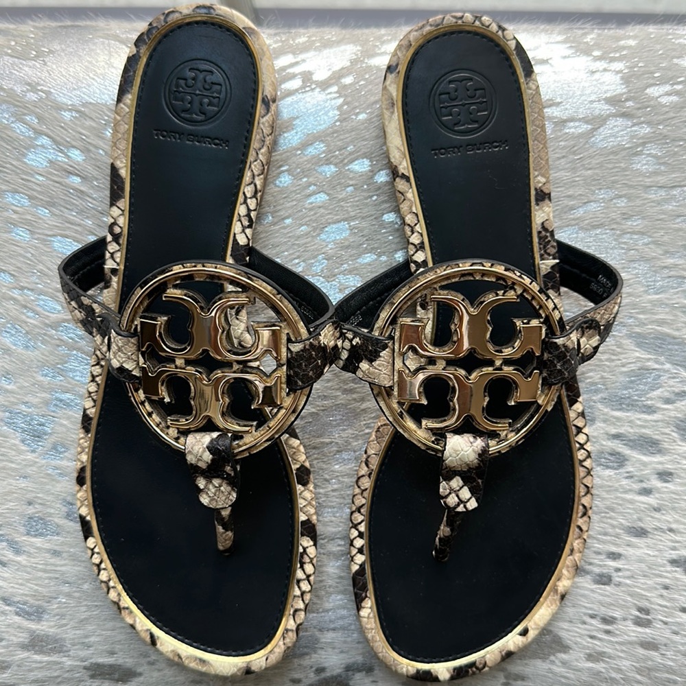 Tory Burch Miller sandals black gold flops snake 7